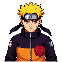   naruto uzumaki shippuden, serious determined face, sharp blue eyes, three whisker marks on each cheek, bright yellow spiky hair, black forehead protector headband    with konoha leaf spiral metal plate, black zip jacket with orange chest panels, high st