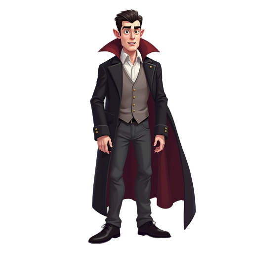 create a male character, dressed in ordinary clothes, who is a vampire, so he has paler skin. think of the character as if he were wearing the vampire mask.