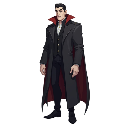 create a male character, wearing an overcoat and black clothing, who is a vampire, so he has paler skin. think of the character as if he were wearing the mask of a vampire.