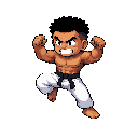 muscular black-haired warrior in fighting stance, determined expression, tropical island background with palm trees karate kick pose, one leg raised, intense look victory pose, arms raised, smiling confidently