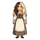 em 128 bit, 2d. carateristicas: ela tem o cabelo cacheado longo, moreno na raiz e loira iluminado, cor branca mas um pouco morena. com vestes da época do seculo x, vestimentos de curandadeira camponesa