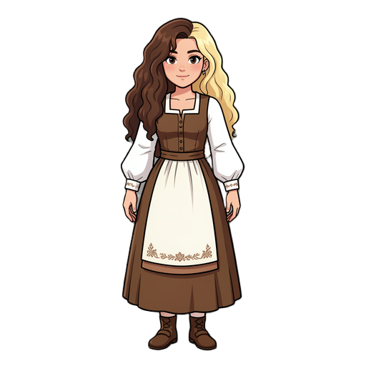em 128 bit, 2d. carateristicas: ela tem o cabelo cacheado longo, moreno na raiz e loira iluminado, cor branca mas um pouco morena. com vestes da época do sexulo x, roupas de curandeira camponesa