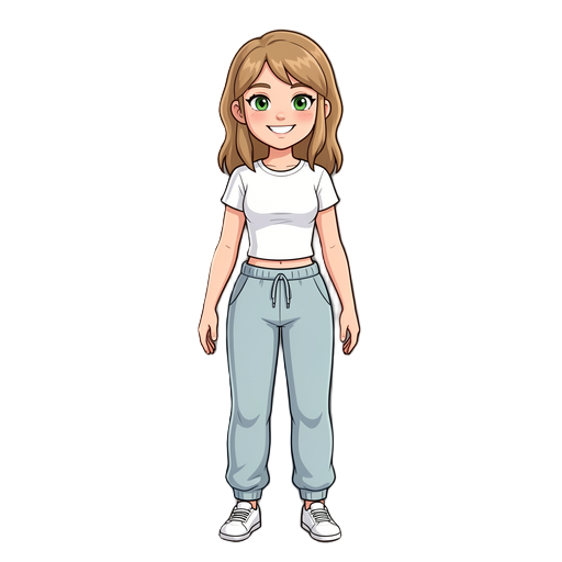 female, happy, white shirt, sweatpants, light brown hair, green eyes, normal build. 