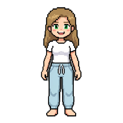 female, happy, white shirt, sweatpants, light brown hair, green eyes, normal build. retro pixel artstyle, not fully facing the camera