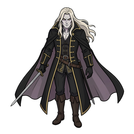 detailed gothic vampire hunter character, long flowing platinum blonde hair, pale skin, stern expression, wearing a long black coat with gold trim and buttons, high collar cape flowing behind, leather belts across torso, black gloves, dark pants and boots