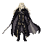 gothic vampire hunter character, long flowing platinum blonde hair, pale skin, stern expression, wearing a long black coat with gold trim and buttons, high collar cape flowing behind, leather belts across torso, black gloves, dark pants and boots, holding