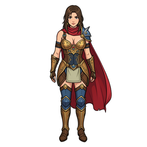 imagen de cuerpo completo personaje femenino 2d parecido al personaje de la portada del juego kings bounty crossworlds , armadura entallada y sexy sin falda