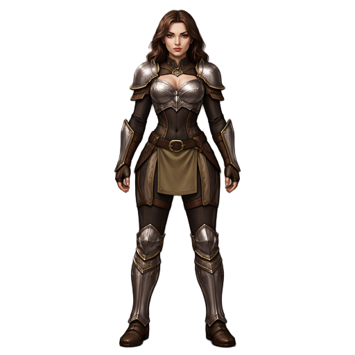 imagen de cuerpo completo personaje femenino 2d parecido al personaje de la portada del juego kings bounty crossworlds , armadura entallada y sexy sin falda