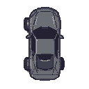 draw this car turning 45 degrees right, to the north east. pixellation same. should look like the car is turning, make changes to wheels and other pixels as approrpiate.