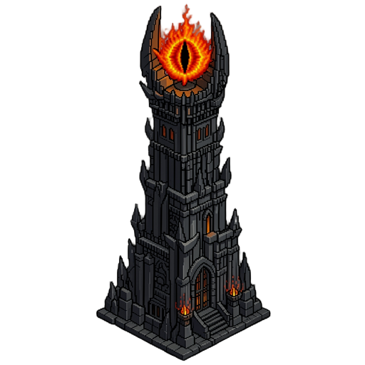 a dark isometric pixel-art tower inspired by sauron's eye, perfectly aligned to a fixed camera angle