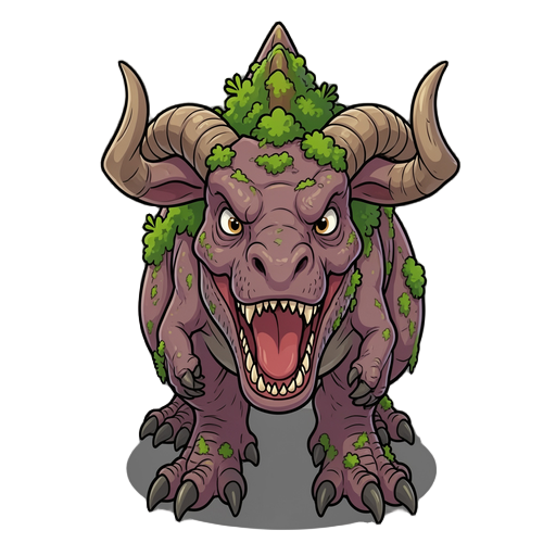 tyrannosaurus-like monster, lamb horns on head, mosses on back