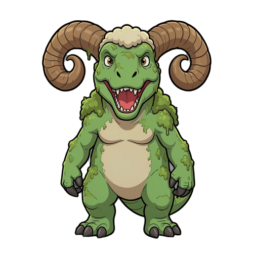 a biped monster (like tyrannosaurus), giant lamb horns on head, mosses on back