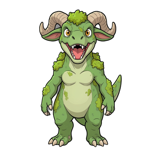 tyrannosaurus-like monster, lamb horns on head, mosses on back