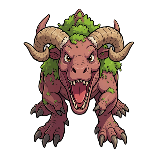 tyrannosaurus-like monster, lamb horns on head, mosses on back