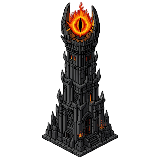 a dark isometric pixel-art tower inspired by sauron's eye, perfectly aligned to a fixed camera angle.