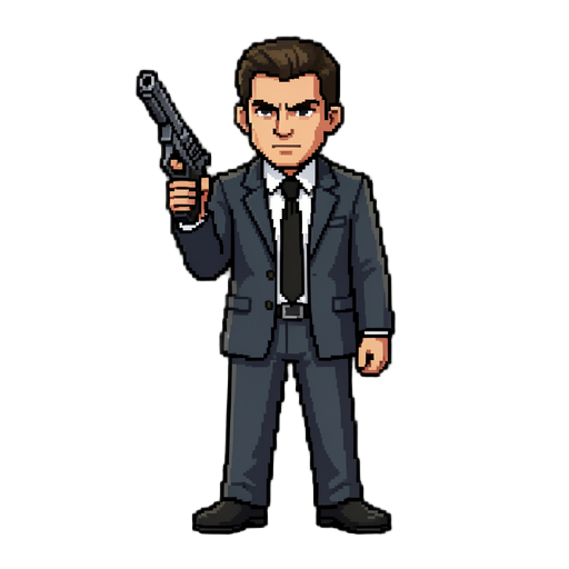 персонаж похож на джон уика с пистолетом в руках, для моей 2d pixel игры, пистолет смотрит прямо