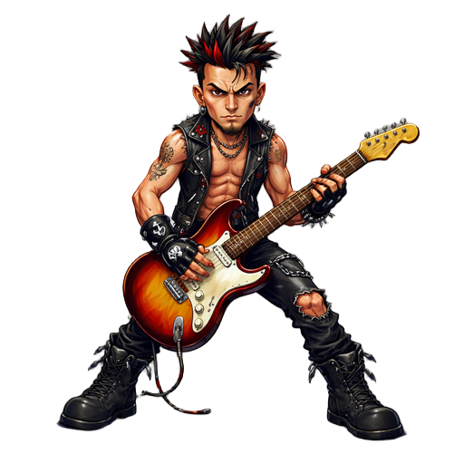 faça um personagem punk, sem camisa, segurando sua guitarra como se fosse uma espada 