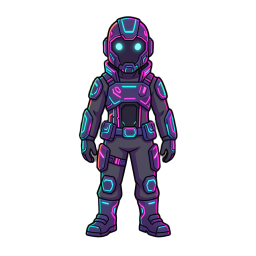 cyberpunk character, full body, front view, simple cartoon style, bold outlines, vibrant neon colors, minimal details, game sprite style, standing pose, centered, isolated on transparent background, no background, no shadow, clean edges, easy to animate, 