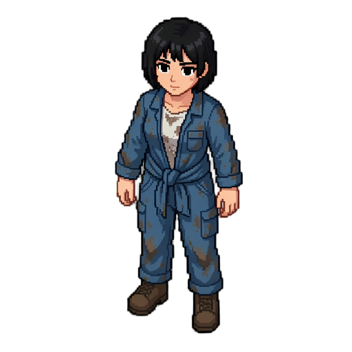 a light-skinned woman with short black hair and black eyes, wearing a worn, dirty blue jumpsuit. the upper part of the jumpsuit is tied around her waist by the sleeves, revealing a dirty white t-shirt underneath. art syle is isometric pixel