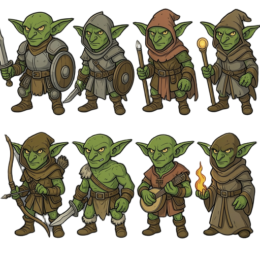 generate all these goblins in one drawing with the same distance between them without text