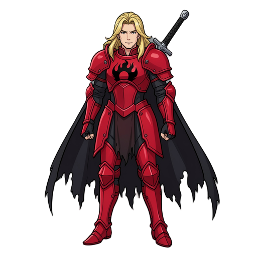 a fighter with long blond hair, wearing red imperial armor with a black fire emblem on his chest, a black cape torn at the bottom, and wielding a sheathed longsword on his back.