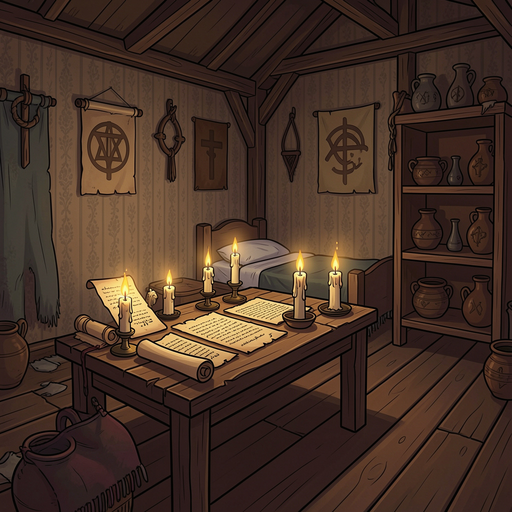 interior de uma cabana simples pertencente a um fiel religioso, ambiente acolhedor porém levemente sombrio, mesa de madeira com pergaminhos e velas acesas, símbolos religiosos discretos nas paredes, cama simples em um canto, estante com objetos antigos e 