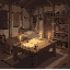 interior de uma cabana simples pertencente a um fiel religioso, ambiente acolhedor porém levemente sombrio, mesa de madeira com pergaminhos e velas acesas, símbolos religiosos discretos nas paredes, cama simples em um canto, estante com objetos antigos e 