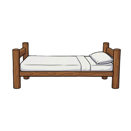 cama simples de madeira, vista lateral side scroll, objeto isolado, colchão fino com lençol simples, travesseiro pequeno, estrutura rústica, design limpo e legível, centralizada, sem fundo
