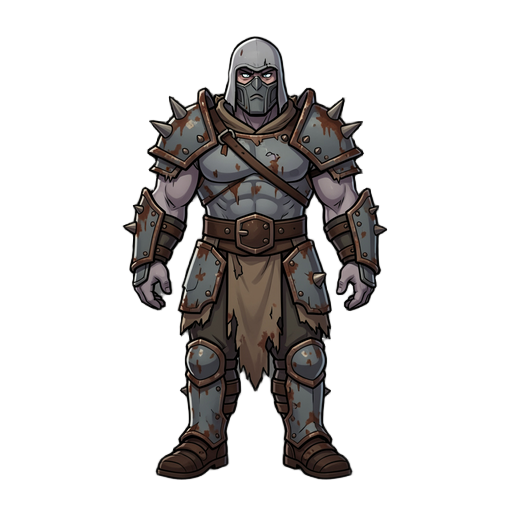  dark fantasy muscular, pale gray ski, wearing torn ancient armor with rust and spikes, standing idle, dungeon style