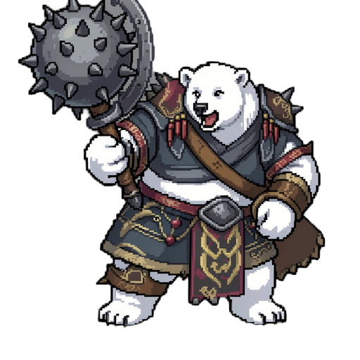 faça uma pixel arte desse personagem o urso polar segurando a arma maça de ferro com espinhos uma arma que é um cabo com uma bola de ferro espinhosa na parte superior 