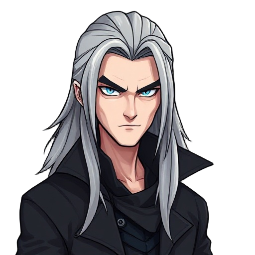 create a male vampire hunter , long hair , pale skin , cold expresion 
