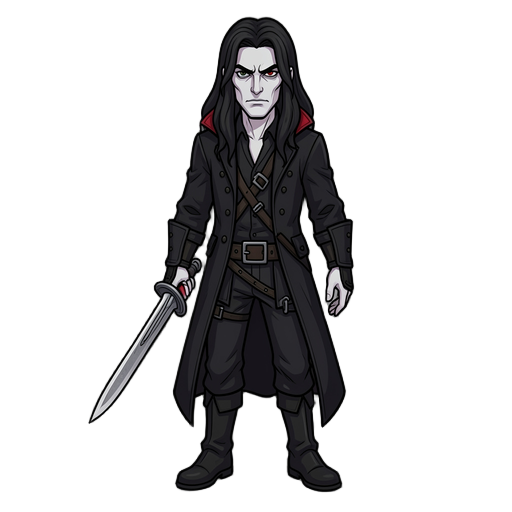 create male damphir, vampire hunter , long hair ,pale skin and black clothes