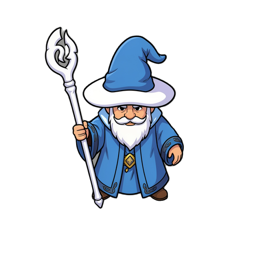 2d top down wizzard in blue robe and white hat, with white staff
