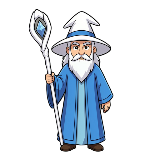 2d wizzard in blue robes, white hat and white staff