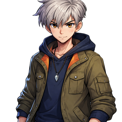 crie uma personagem masculino com cabelos cinzas e com uma aparecia de um simples garoto mas que esconde um grande poder e que ele tenha olhos castanhos e que tenha aparecia de sueco nao de anime e de corpo inteiro 