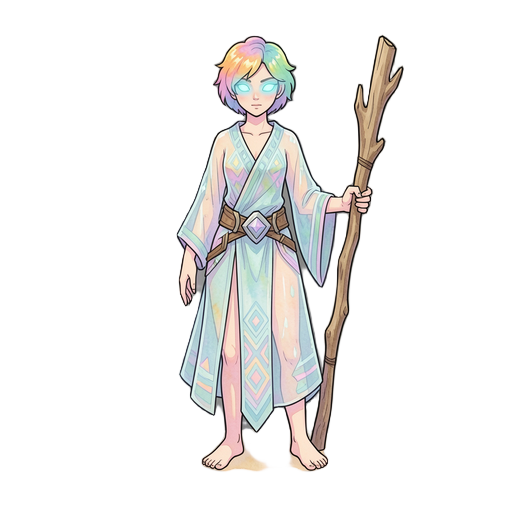 2d game character concept art, metroidvania style,  female warrior, tropical island theme, wearing a  translucent flowing robe with geometric patterns,  barefoot on sandy beach, short colorful hair,  glowing eyes, holding a driftwood staff,  watercolor st
