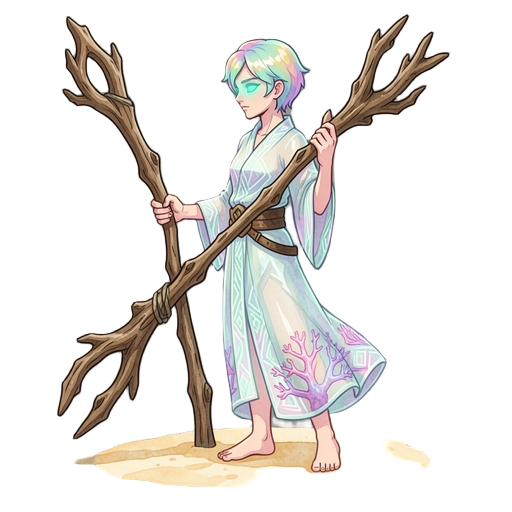 2d game character concept art, side view, lateral pose,  mystical beach warrior, tropical island theme,  flowing translucent robe with geometric coral patterns,  barefoot on sand, short iridescent hair,  glowing turquoise eyes, holding ancient driftwood s