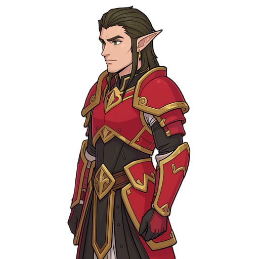 a male elf like warcraft's blood elves, facing to the side, with paladin armor, red and gold. no weapons
