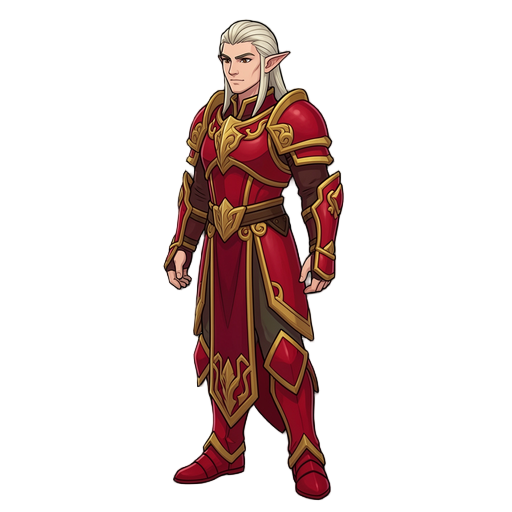 a male elf like warcraft's blood elves, facing to the side, with paladin armor, red and gold. no weapons. full body.