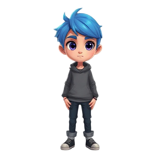 uma pessoa com cabelo azul, olhos castanhos, e de roupa mais baratas.