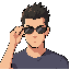 a cool man with a spiky hairstyle holding the tip of his sunglasses andtemple arm with one hand