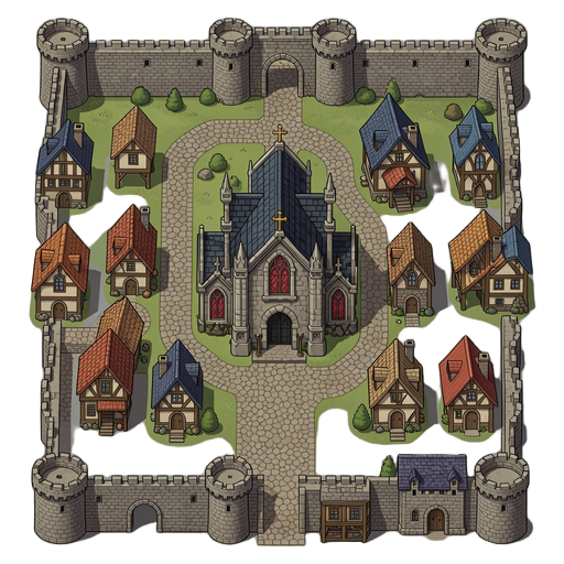 top-down 2d rpg game asset sprite sheet, a royal fortress city layout. features thick stone castle walls, wooden medieval townhouses with various roof types, a dark gothic church building, and cobblestone paths. flat orthographic projection, rich textures