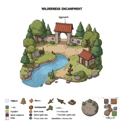 an external area labeled 'wilderness encampment' with a 'river approach' is connected by a single gatehouse (e.g., 'west gate'), matching the external detail of image_5.png. a complete and organized color-coded legend is at the bottom, matching the styles
