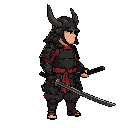 right facing samurai with black horned helmet and black armor  with red cloth detail holding a black katana