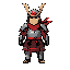draw a samurai with red scarfs and metalic armor and red non la in head