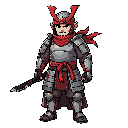 draw a samurai with red scarfs and metalic armor and red nonla in head  with black cursed katana