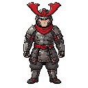 draw a samurai with red scarfs and metalic armor and red nonla in head