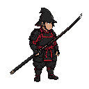 right facing samurai with black helmet and black armor  with red cloth detail holding a long black katana