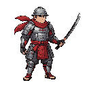 draw a samurai with red scarf and metalic armor and red nonla and black long katana from the right side