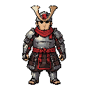 draw a samurai with red scarfs and metalic armor and red non la in head